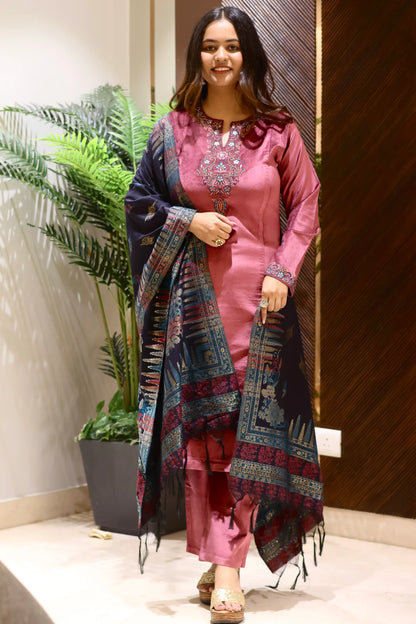 Pink Suede Velvet Suit Set with Banarasi Dupatta