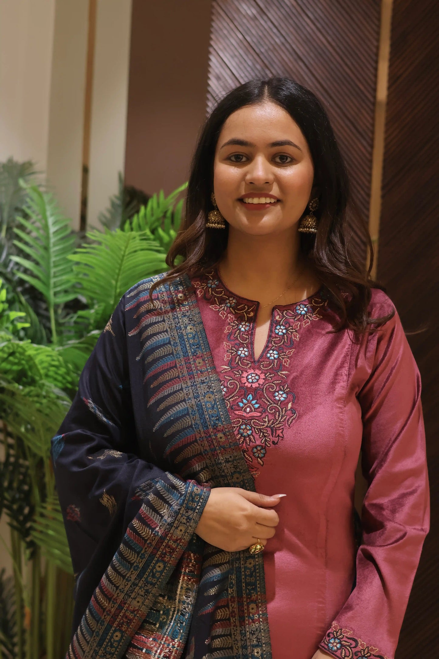 Pink Suede Velvet Suit Set with Banarasi Dupatta