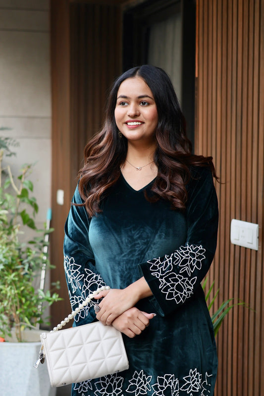 Teal Lotus Embroidered Velvet Co-Ord Set