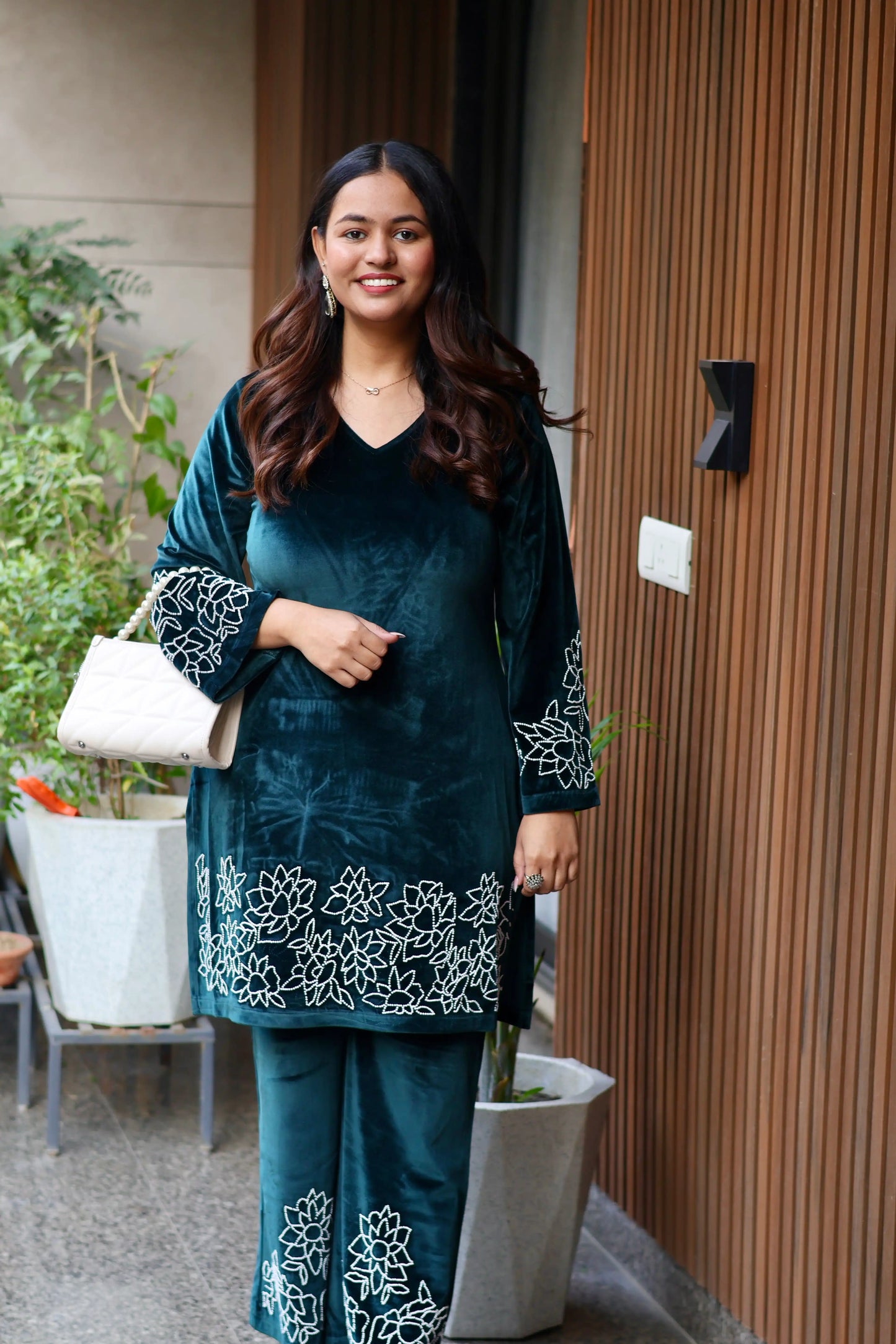 Teal Lotus Embroidered Velvet Co-Ord Set
