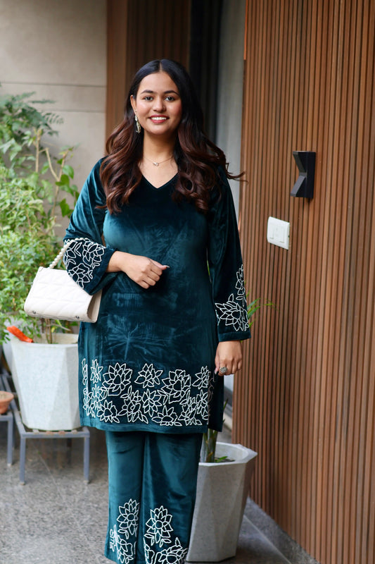 Teal Lotus Embroidered Velvet Co-Ord Set