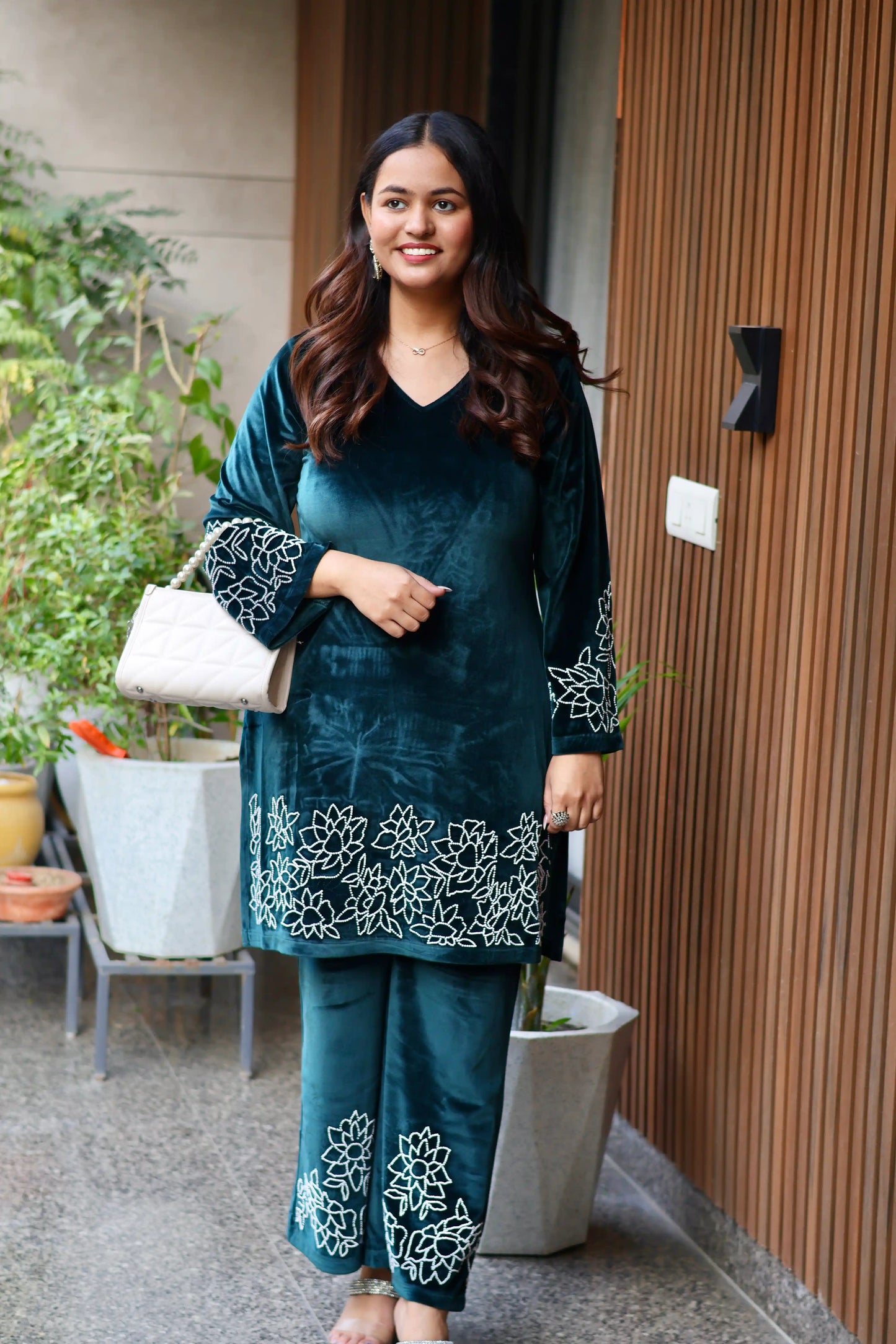 Teal Lotus Embroidered Velvet Co-Ord Set