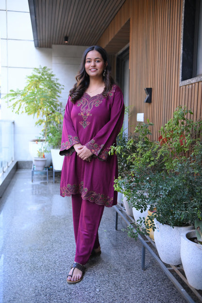 Plum A-Line Woollen Embroidered Co-Ord Set