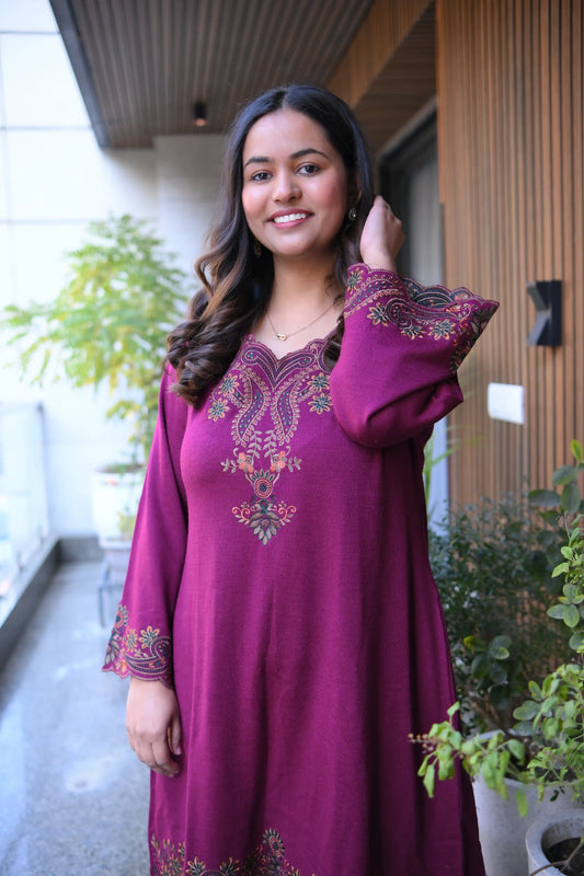 Plum A-Line Woollen Embroidered Co-Ord Set