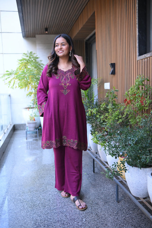 Plum A-Line Woollen Embroidered Co-Ord Set