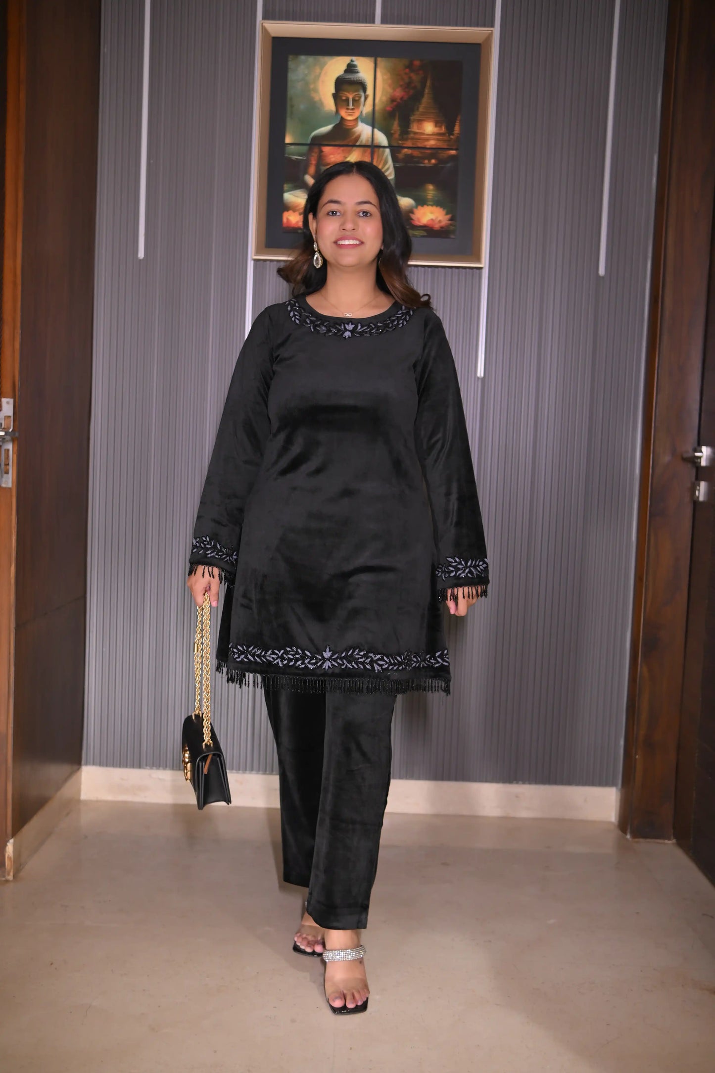 Black Embellished Velvet Co-Ord Set