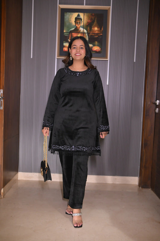 Black Embellished Velvet Co-Ord Set