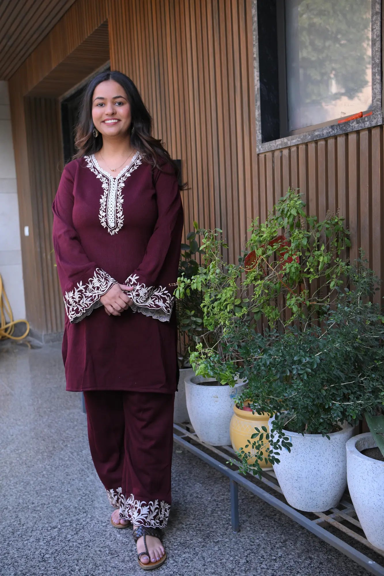 Wine Embroidered Woolen Co-Ord Set