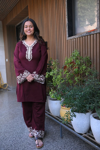 Wine Embroidered Woolen Co-Ord Set