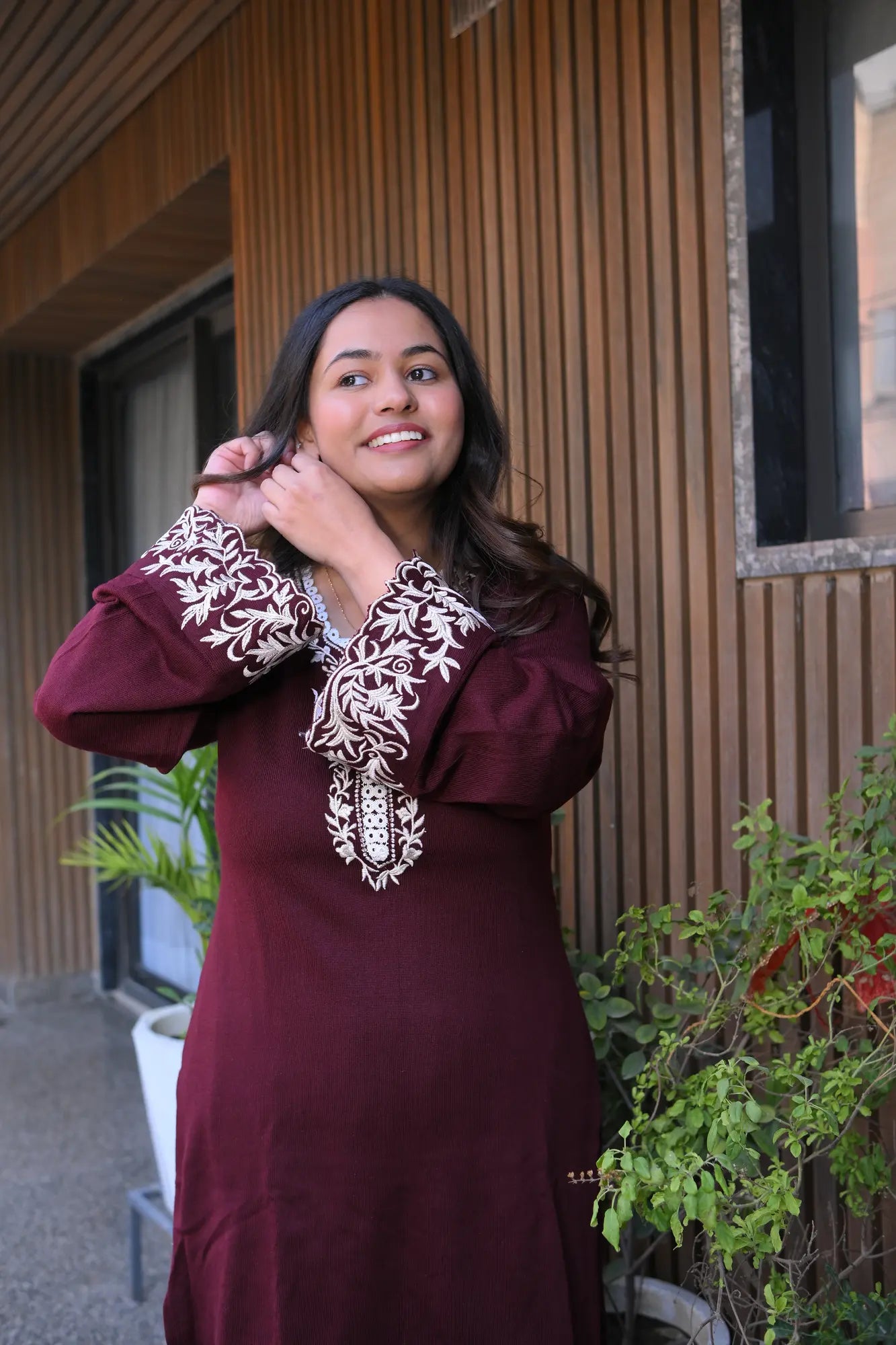 Wine Embroidered Woolen Co-Ord Set